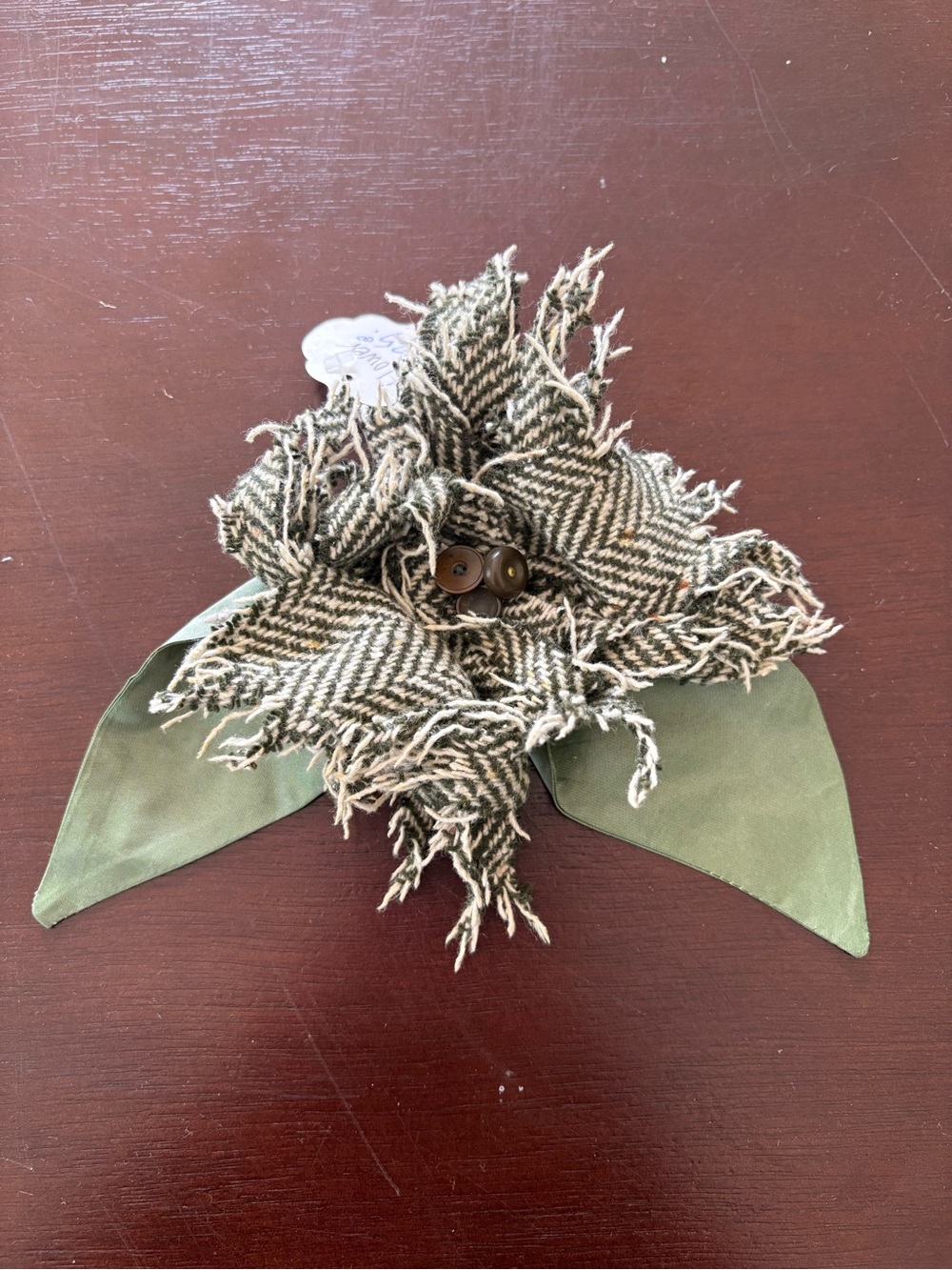 Olive Green Tweed Flower Brooch with Satin Leaves